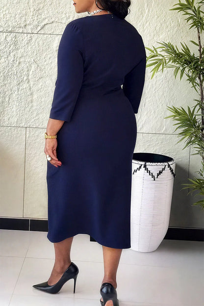 Navy Blue Round Neck 3/4 Sleeve 3D Elegant Ruffle Midi Dress