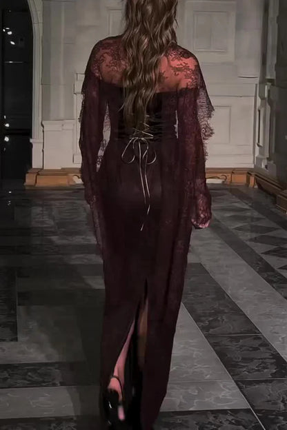 Lace Trim See Through High Neck Tied Slit Hem Maxi Dress