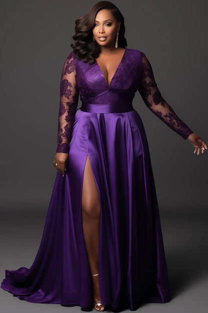 Formal Purple V Neck Long Sleeve Split See Through Lace Satin Maxi Dresses