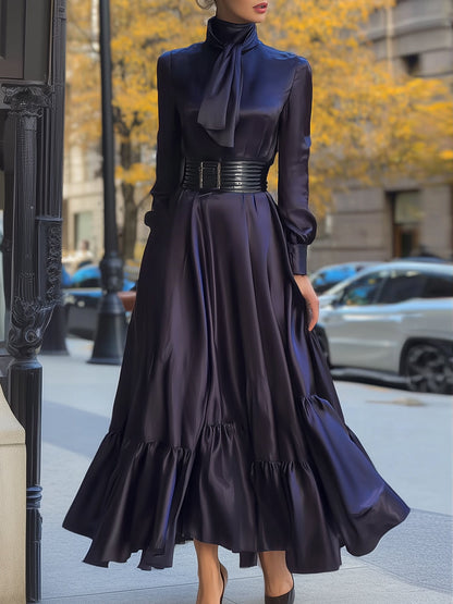 Navy Blue Satin High Neck Long Sleeve Maxi Dress