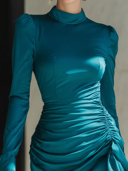 Teal High-Neck Ruched Mini Dress With Draped Side Tie