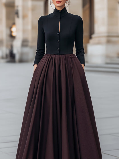 Elegant Two-Tone High Collar Maxi Dress