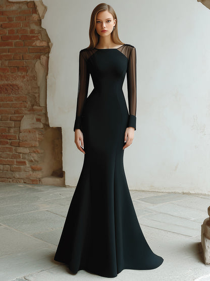 Black Mesh Sleeve Evening Gown