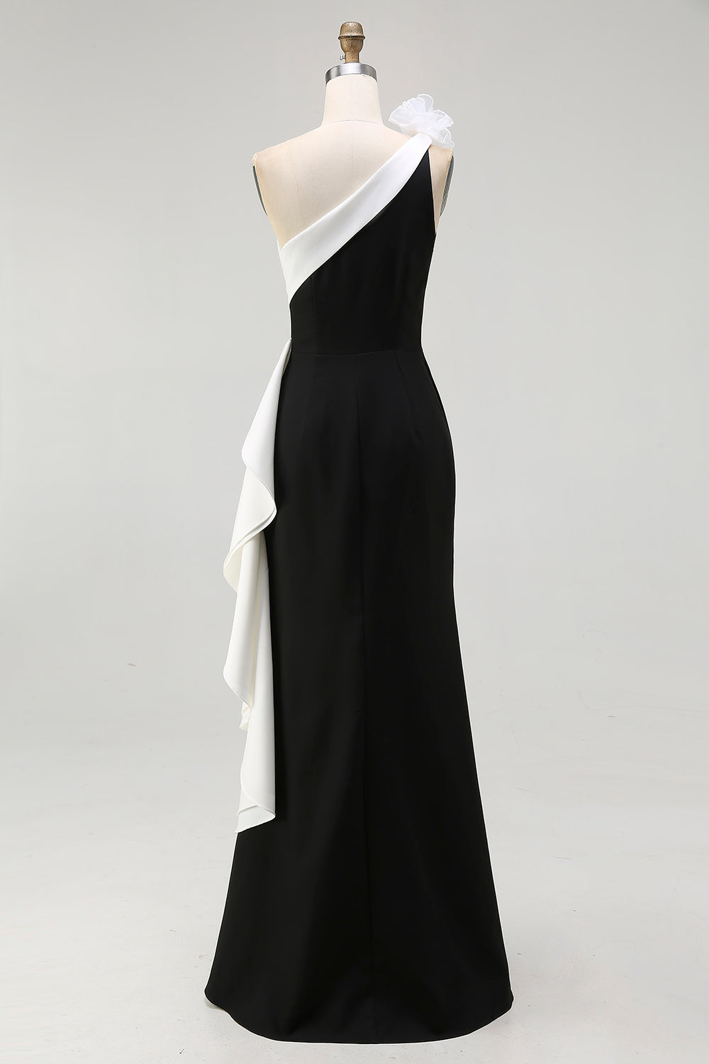 Black White One Shoulder Long Black Tie Dress with 3D Flowers