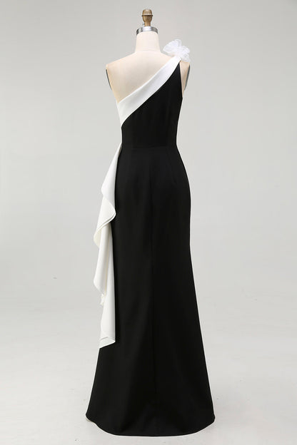Black White One Shoulder Long Black Tie Dress with 3D Flowers