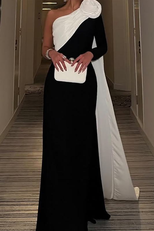 3D Flower Decor Skew Neck Colorblock Gowns Maxi Cape Dress