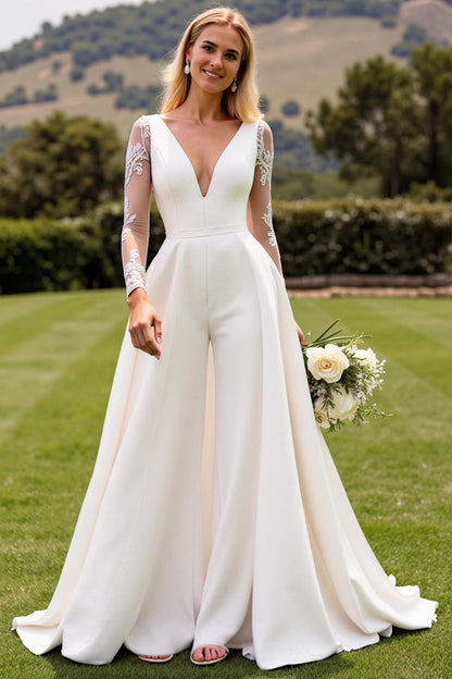 Ivory Satin Deep V-Neck Sweep Train Wedding Jumpsuits with Lace