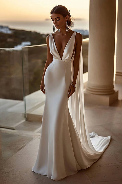 Simple Ivory Satin V Neck Mermaid Watteau Train Wedding Dress