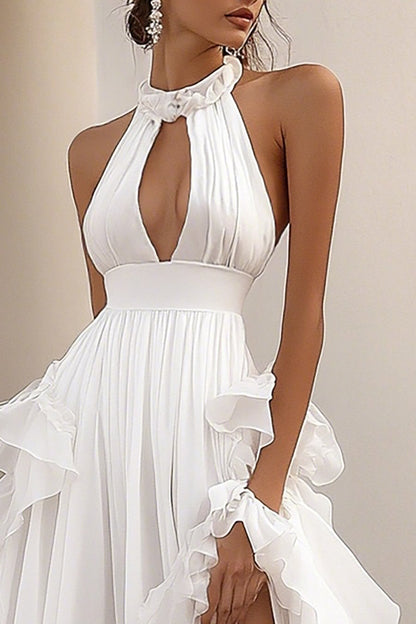 A Line White Keyhole Long Rehearsal Dinner Dress with Slit