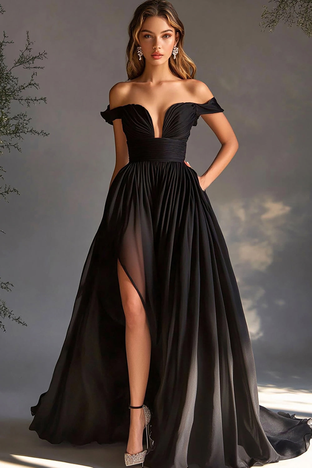 A Line Chiffon Pleated Long Off the Shoulder Black Tie Dress with Slit