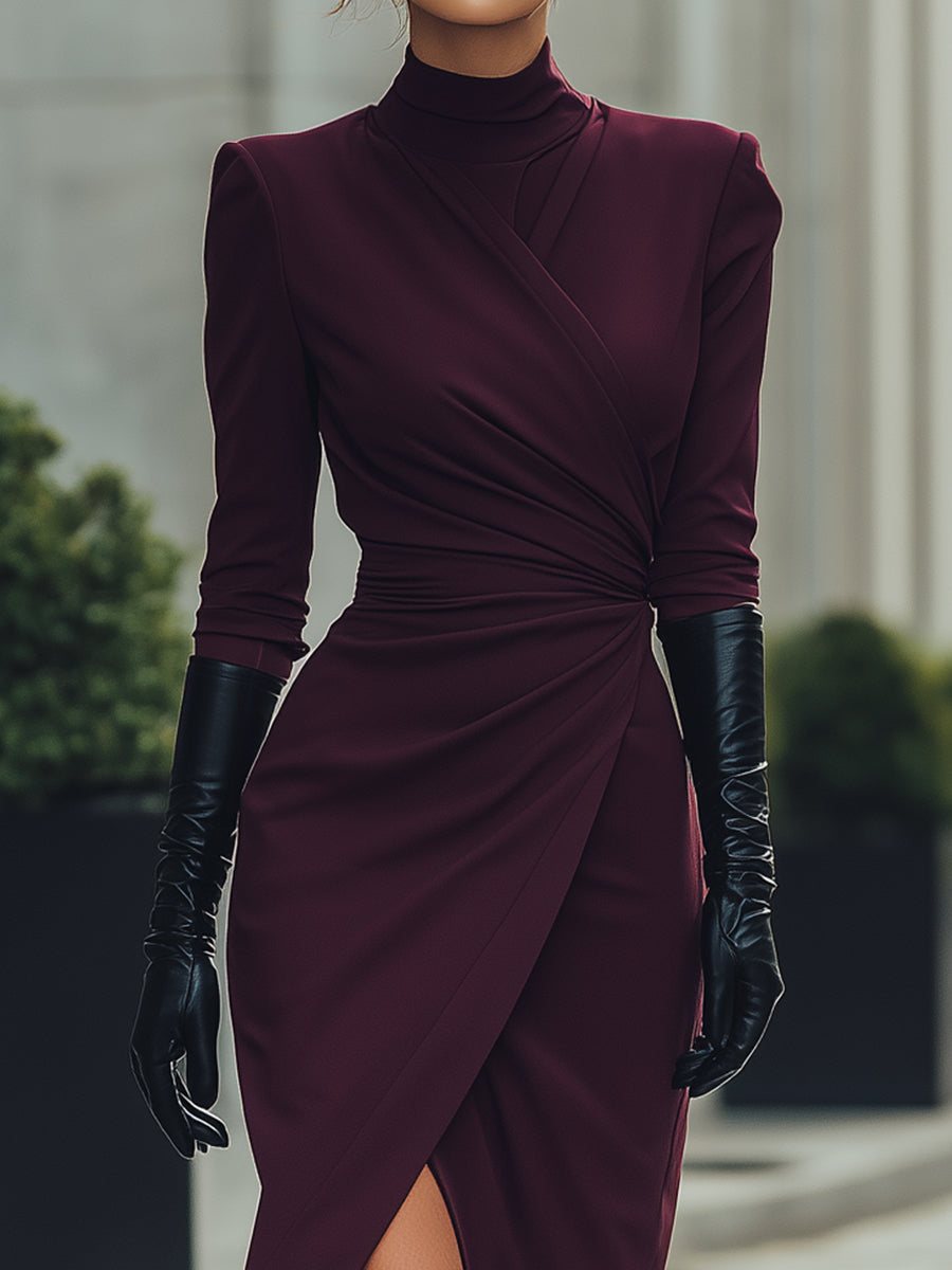 Deep Burgundy Draped Wrap Midi Dress