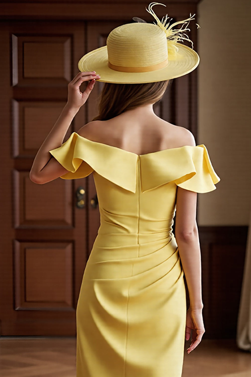 Daffodil Off the Shoulder Ruched Bodycon Midi Mother of the Bride Dress