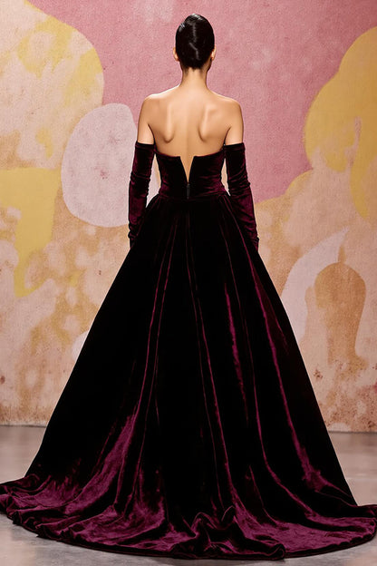 Dark Red Velvet A Line Long Off the Shoulder Evening Dress