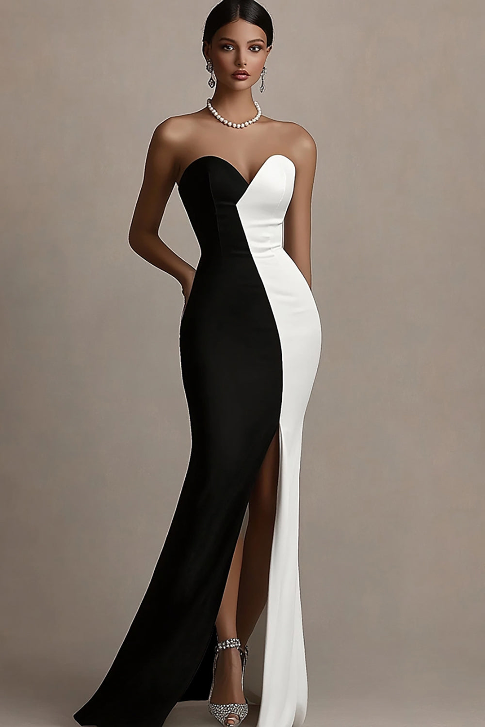 Black and White Sweetheart Satin Long Evening Dress with Slit