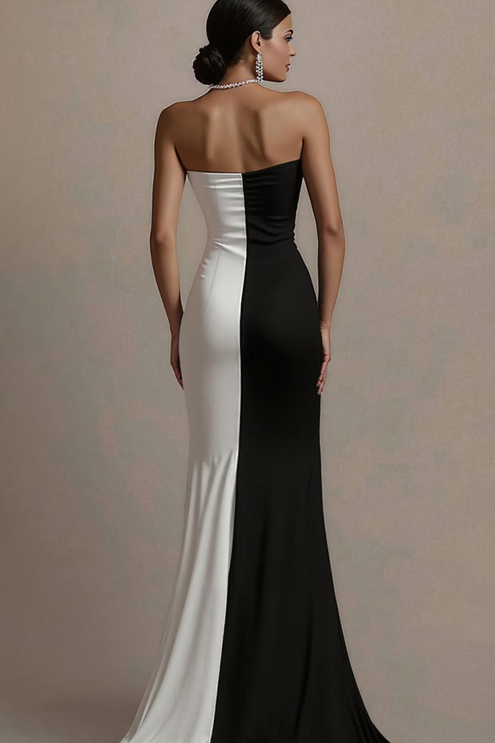 Black and White Sweetheart Satin Long Evening Dress with Slit