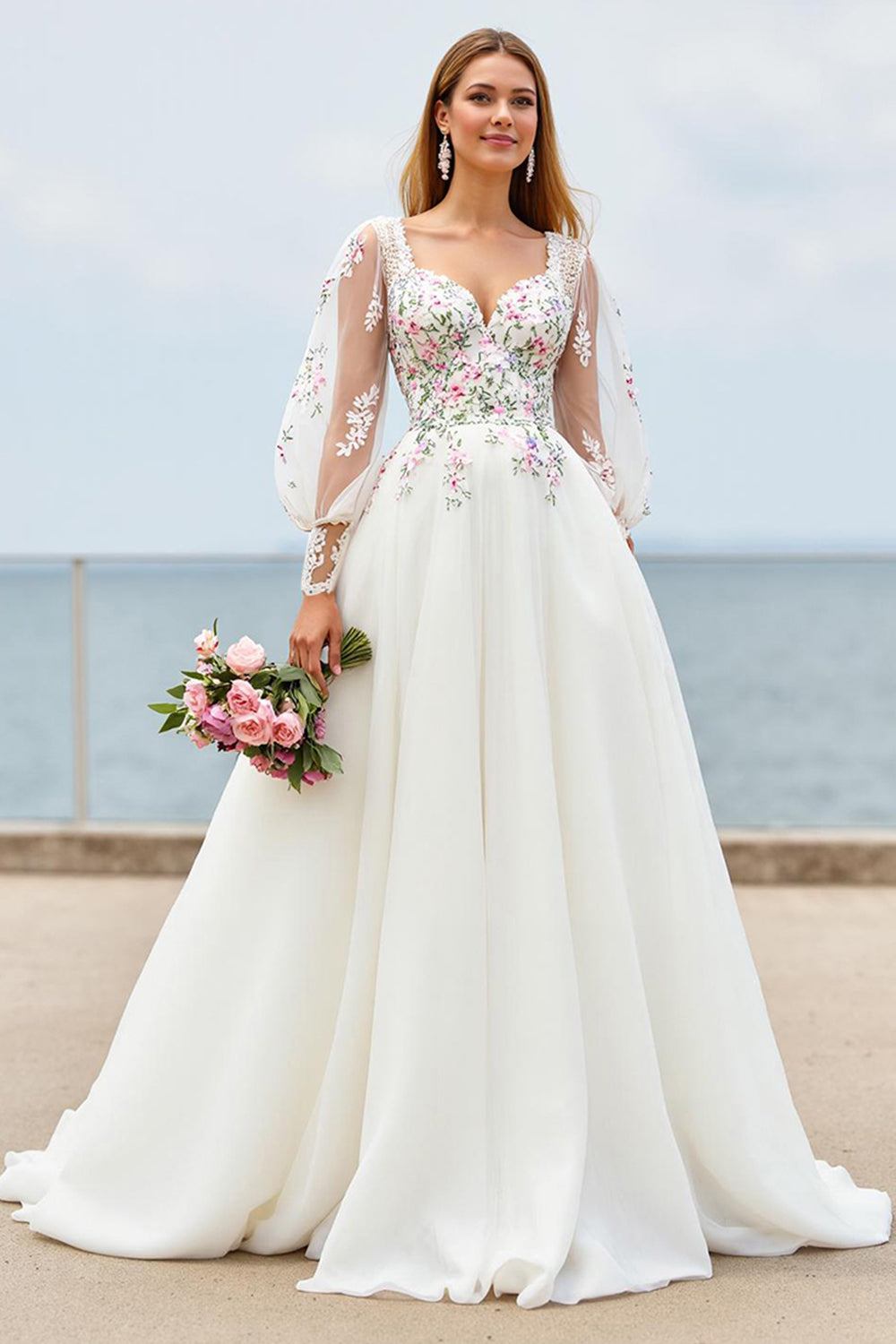 Ivory A Line Court Train Wedding Dress with Lace Appliques