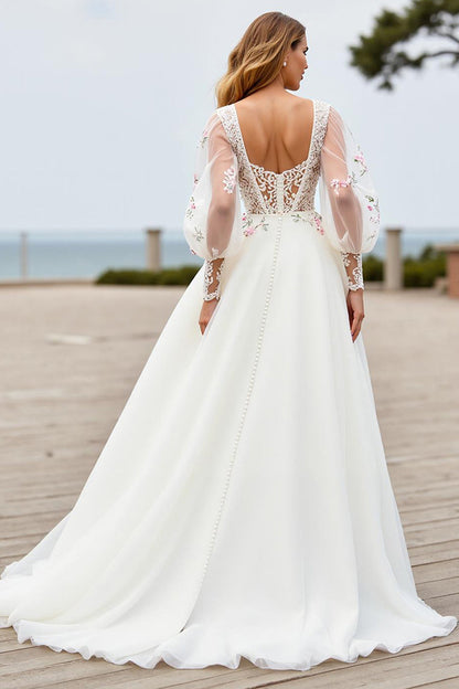 Ivory A Line Court Train Wedding Dress with Lace Appliques