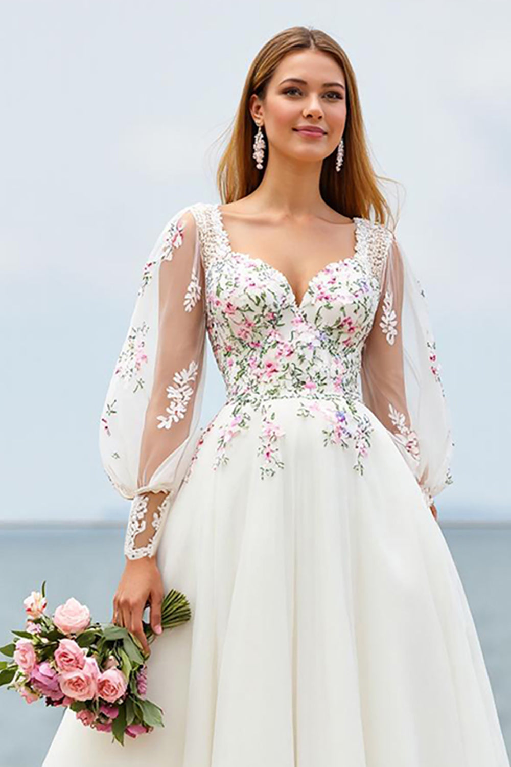 Ivory A Line Court Train Wedding Dress with Lace Appliques