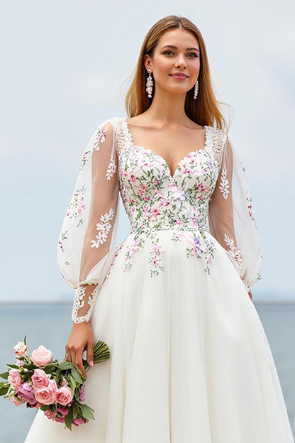 Ivory A Line Court Train Wedding Dress with Lace Appliques