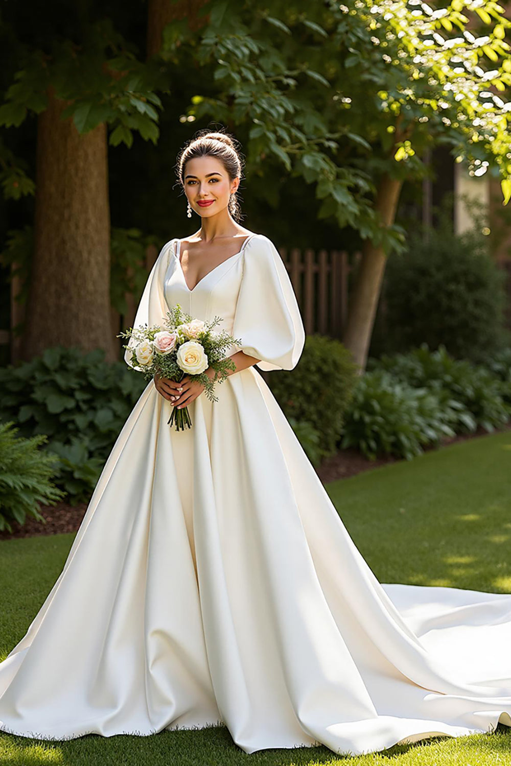 A Line Court Train Simple Satin Ivory Wedding Dress