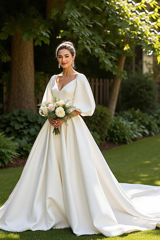 A Line Court Train Simple Satin Ivory Wedding Dress