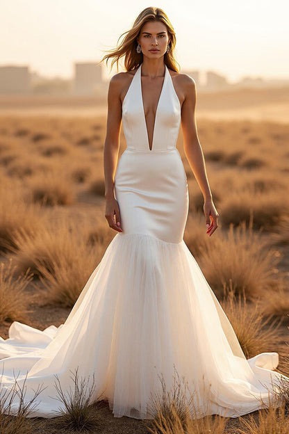 Ivory Simple Mermaid Halter Court Train Wedding Dress