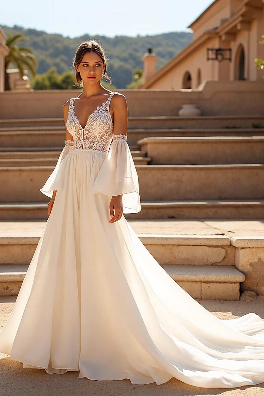 V-Neck Chiffon A Line Ivory Wedding Dress with Lace