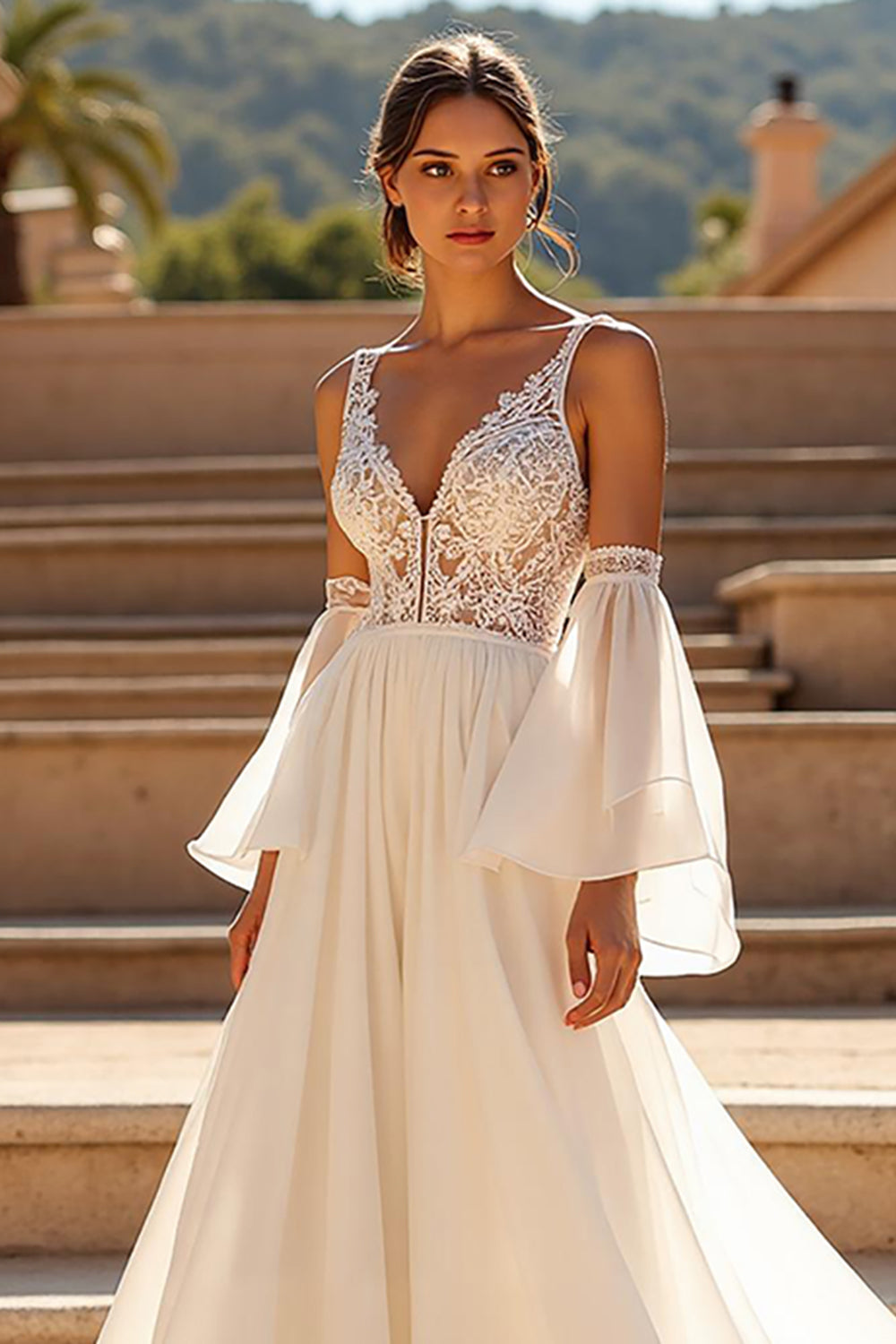 V-Neck Chiffon A Line Ivory Wedding Dress with Lace