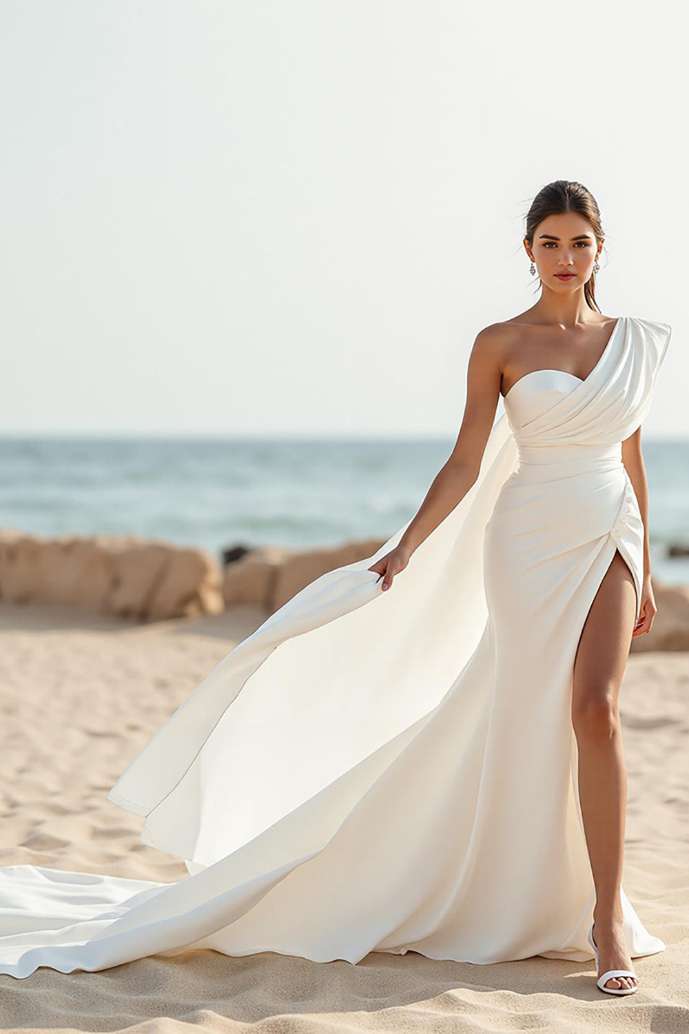 Ivory Simple Mermaid One Shoulder Court Train Wedding Dress with Slit