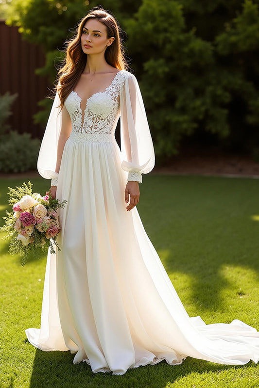 Ivory V-Neck Chiffon A Line Wedding Dress with Lace
