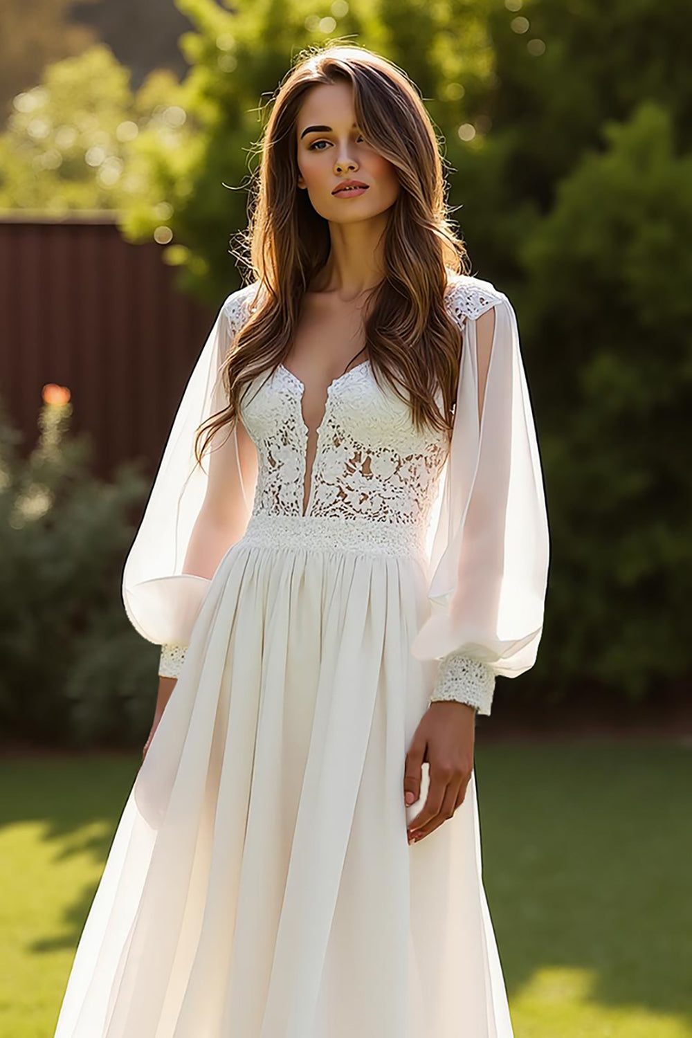 Ivory V-Neck Chiffon A Line Wedding Dress with Lace