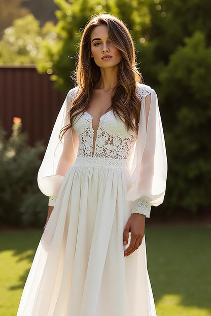 Ivory V-Neck Chiffon A Line Wedding Dress with Lace