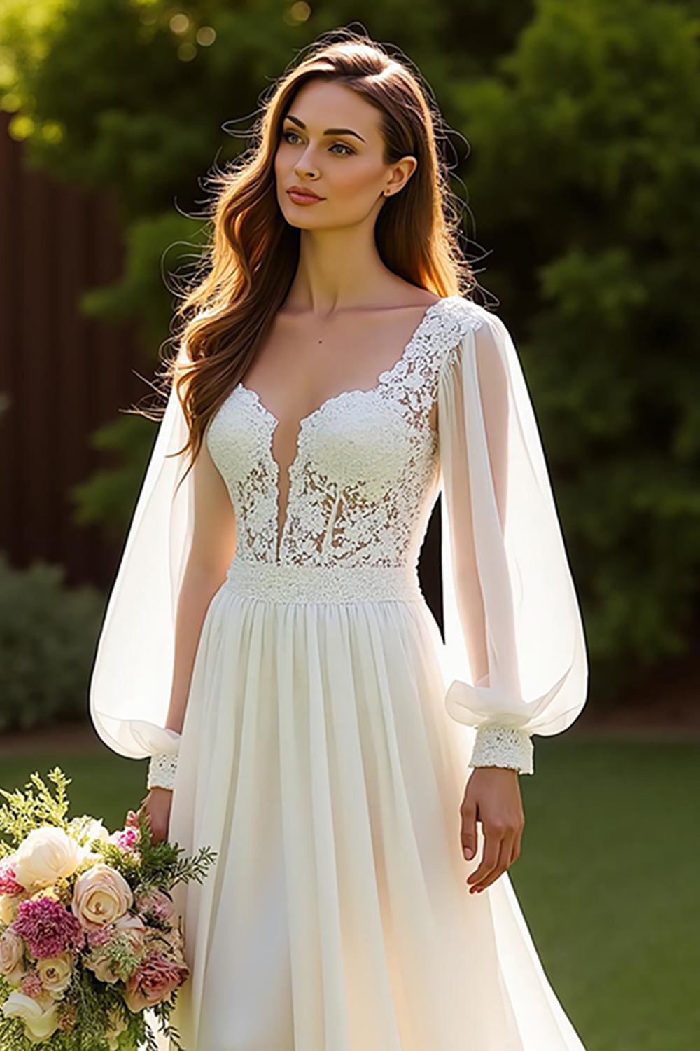 Ivory V-Neck Chiffon A Line Wedding Dress with Lace