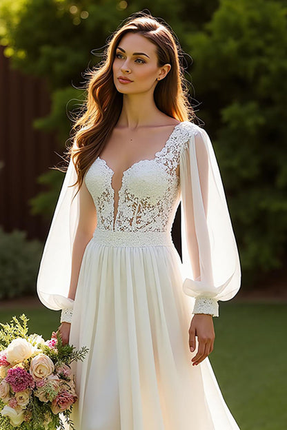 Ivory V-Neck Chiffon A Line Wedding Dress with Lace