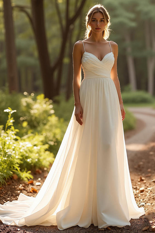 Ivory Spaghetti Straps Simple Chiffon A Line Wedding Dress