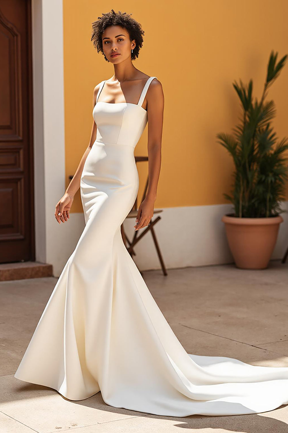 Ivory Mermaid Court Train Simple Stretch Satin Wedding Dress