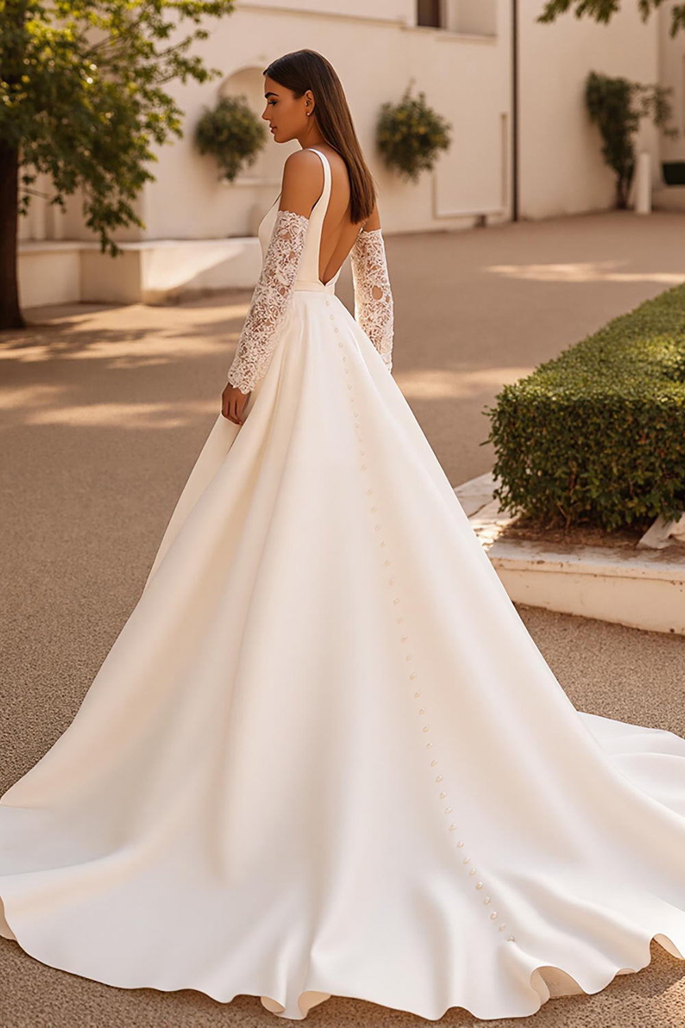 Ivory A Line Court Train Simple Stretch Satin Wedding Dress with Slit