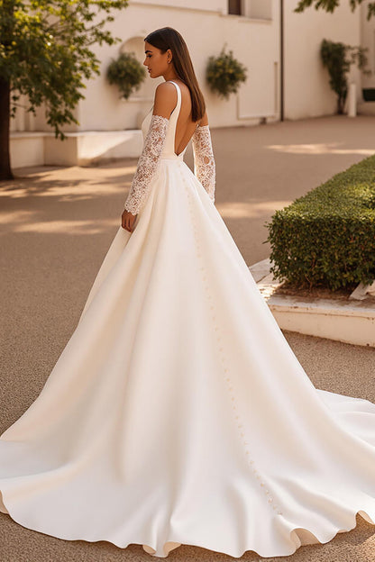 Ivory A Line Court Train Simple Stretch Satin Wedding Dress with Slit