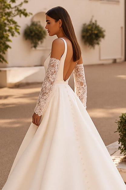 Ivory A Line Court Train Simple Stretch Satin Wedding Dress with Slit