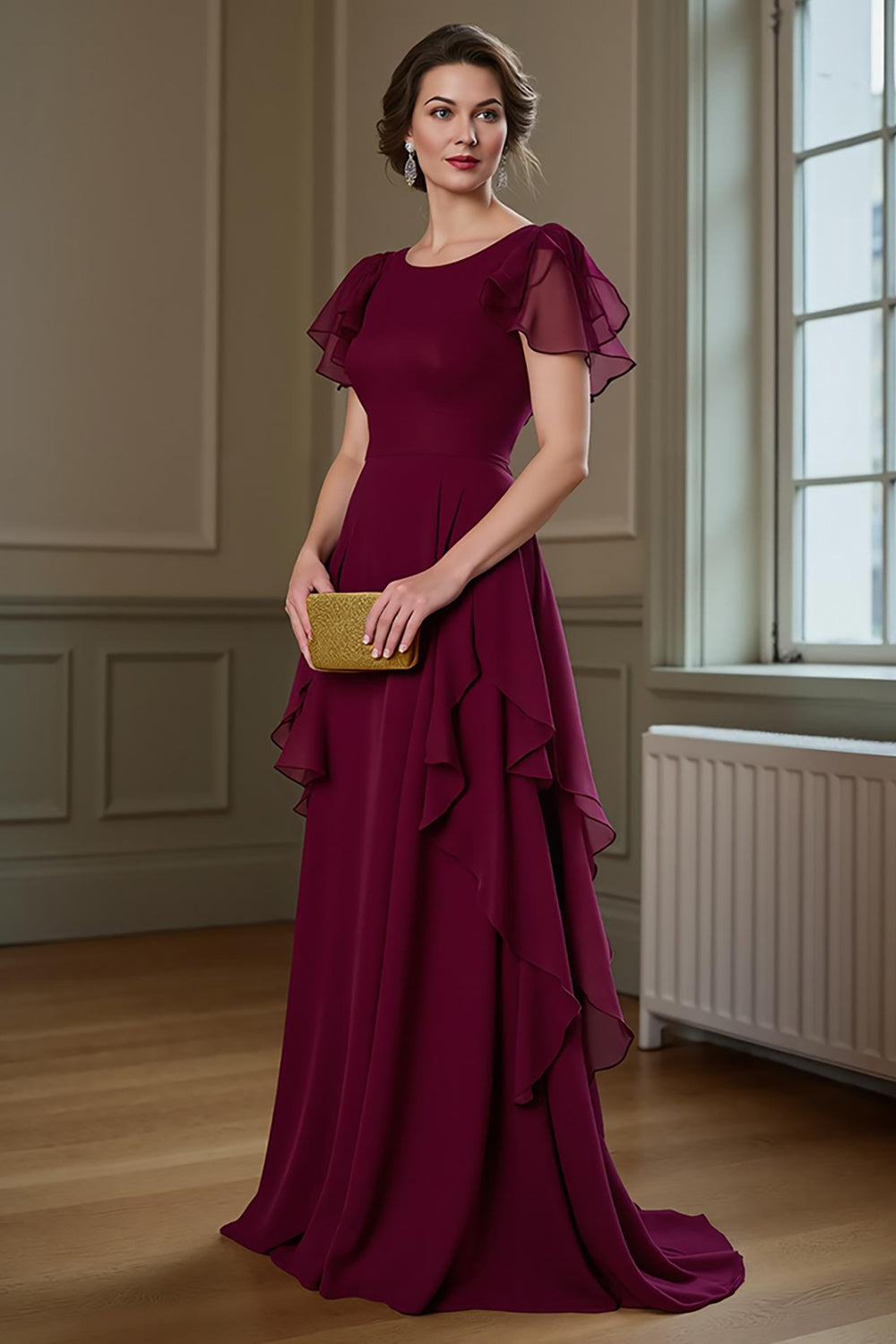 A Line Long Chiffon Burgundy Mother of the Bride Dress