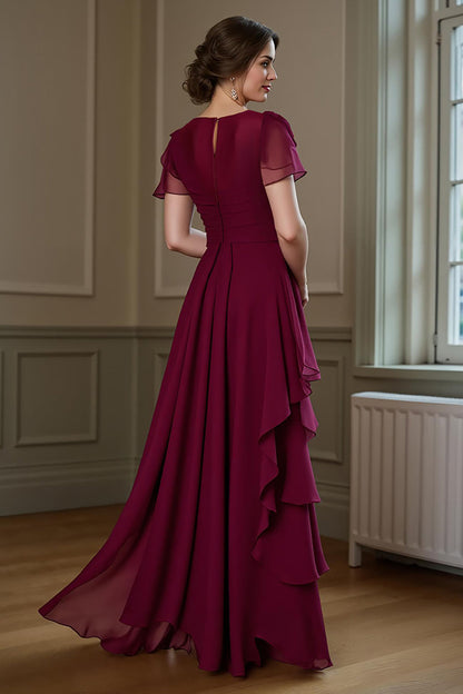 A Line Long Chiffon Burgundy Mother of the Bride Dress