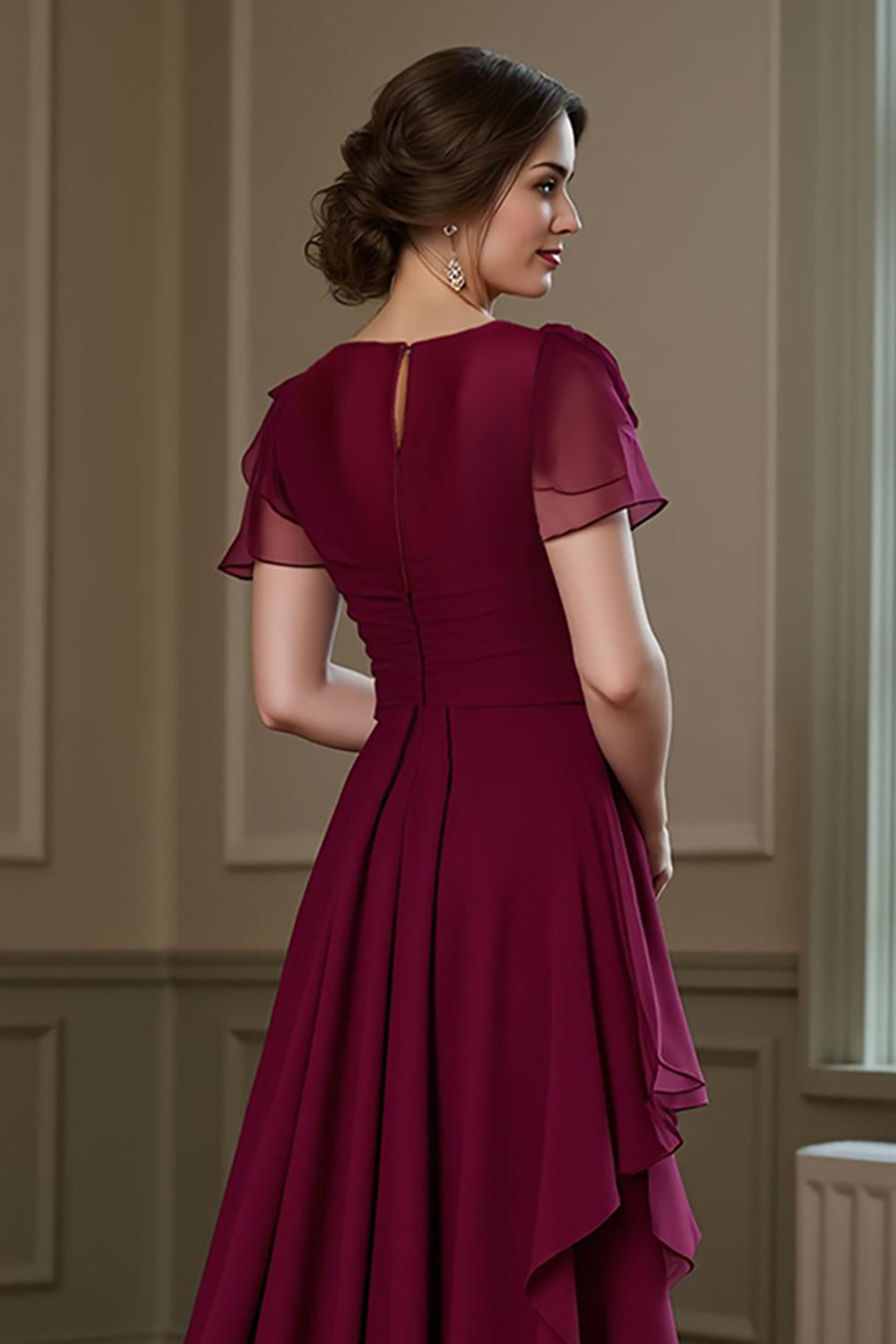 A Line Long Chiffon Burgundy Mother of the Bride Dress