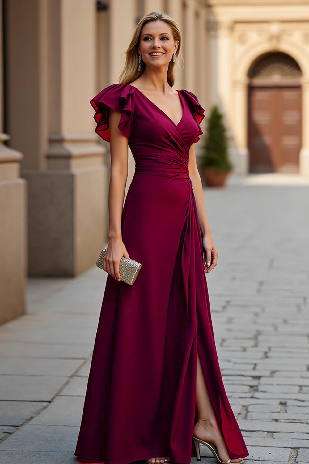 V-Neck Ruched Chiffon A Line Burgundy Mother of the Bride Dress