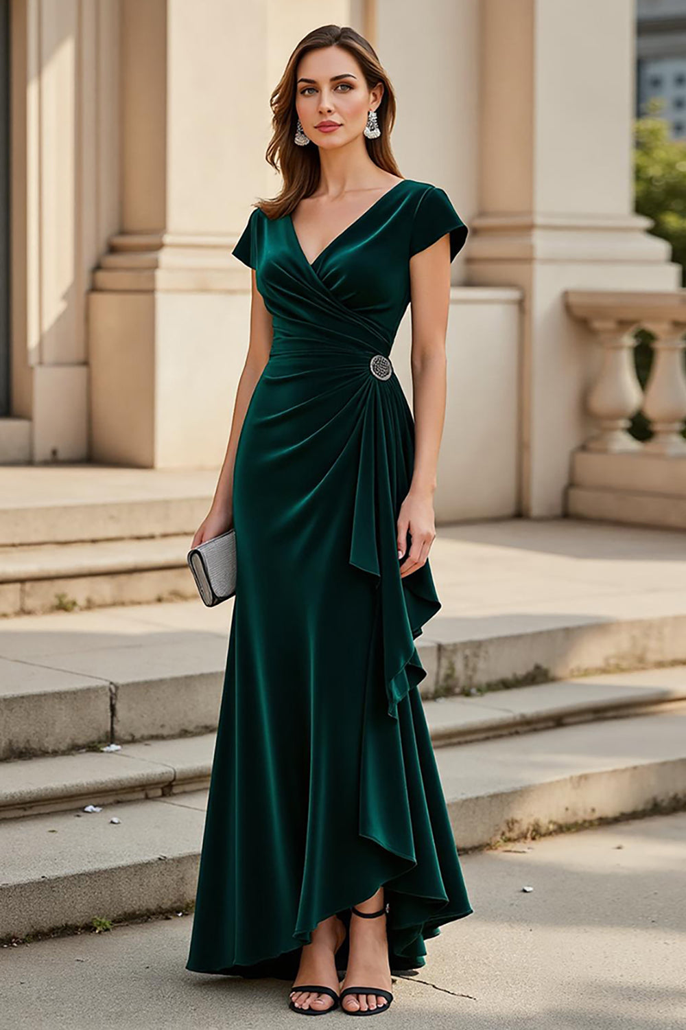 Pine Ruched A Line V-Neck Asymmetrical Mother of the Bride Dress