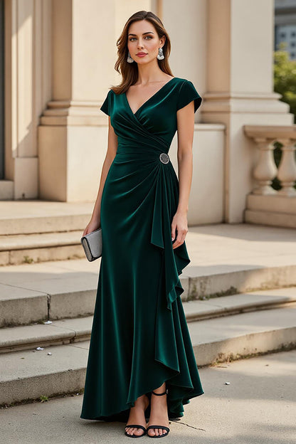 Pine Ruched A Line V-Neck Asymmetrical Mother of the Bride Dress