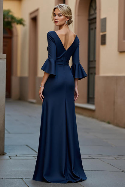 Navy V-Neck Ruched Stretch Satin Mermaid Mother of the Bride Dress