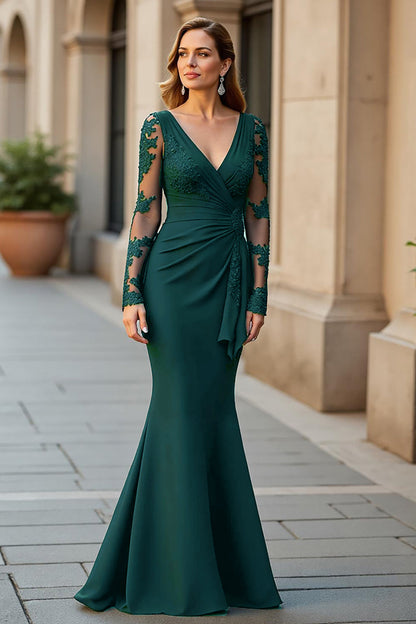 Mermaid V-Neck Long Pine Mother of the Bride Dress with Lace Appliques