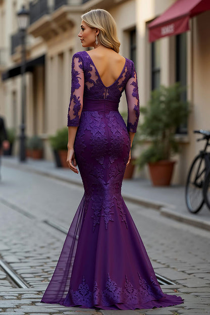 Mermaid V-Neck Plum Mother of the Bride Dress with Lace Appliques