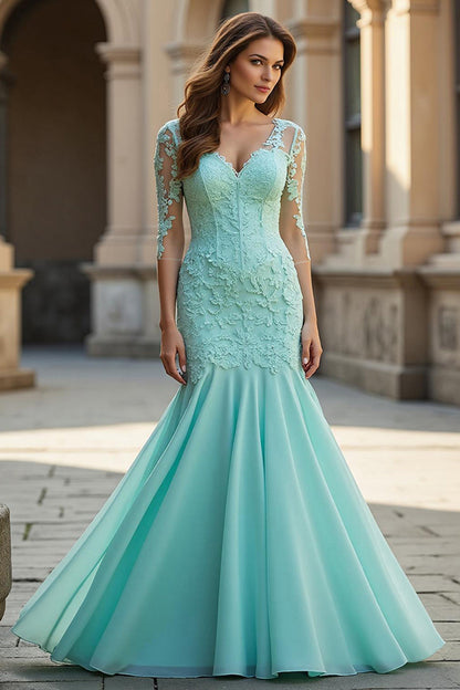 Mermaid V-Neck Long Light Blue Mother of the Bride Dress with Lace Appliques