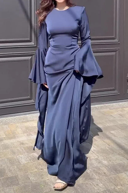 Irregular Flare Sleeve Round Neck Solid Color Maxi Dresses